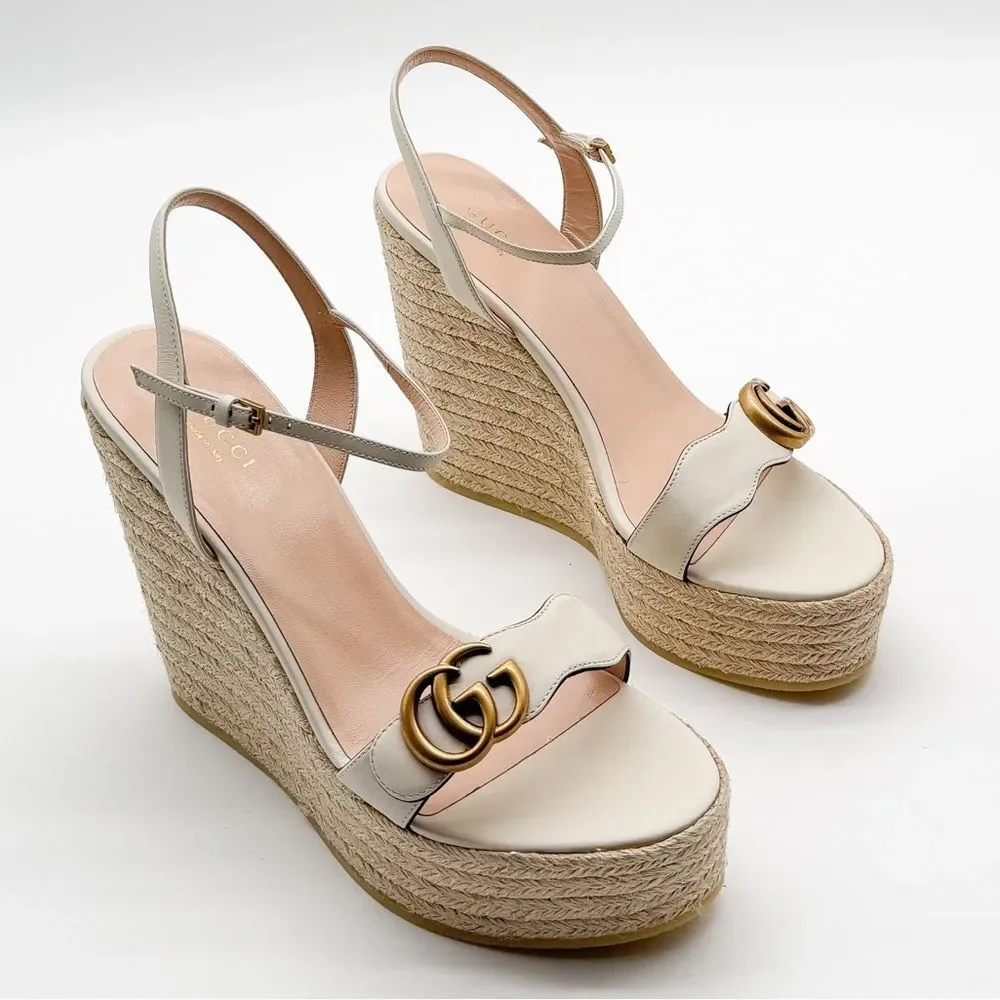 Gucci Aitana GG Marmont Espadrille Platform Wedge Sandal White Leather EU 41.5